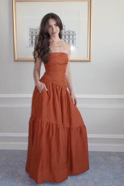 Strapless Sleeveless A Line Long Prom Dress With Pleated Pockets