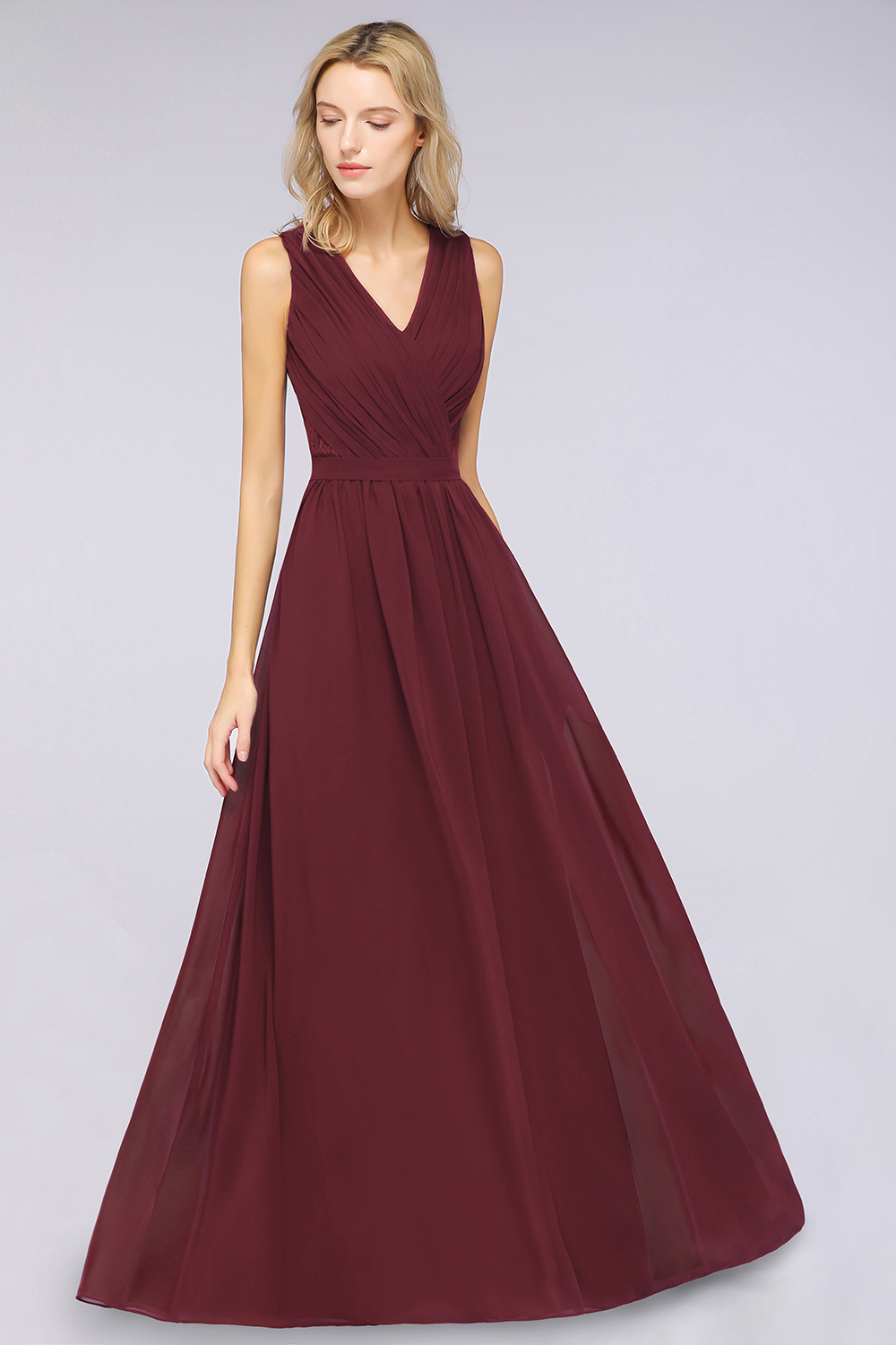 BMbridal Affordable Burgundy V-Neck Ruffle Bridesmaid Dresses with Lace-Back-BMbridal
