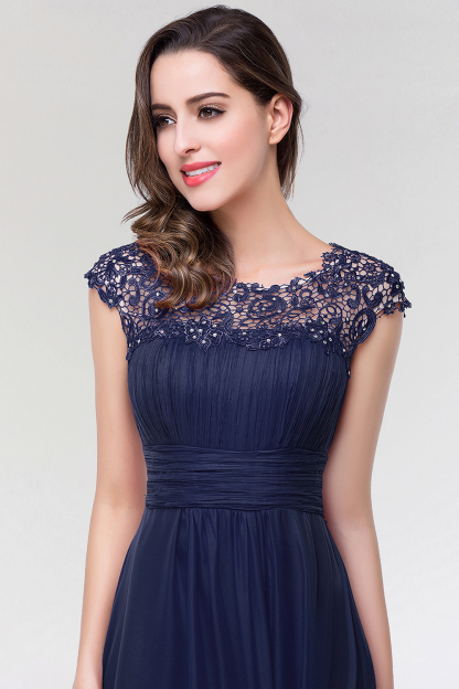 BMbridal Elegant Chiffon Pleated Navy Lace Bridesmaid Dress with Keyhole Back-BMbridal