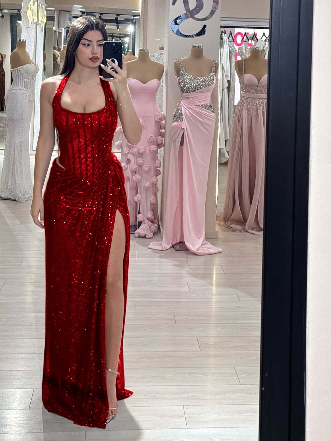 Sequins Halter Sleeveless Long Mermaid Prom Dress With Split