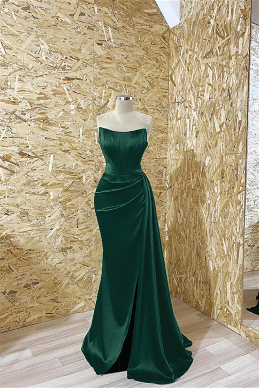 Modern Dark Green Strapless Mermaid Prom Dress Pleated With Ruffles