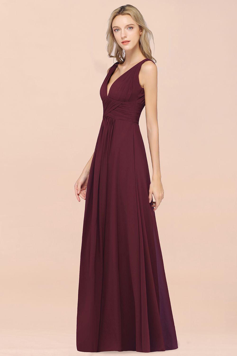 BMbridal Elegant V-Neck Burgundy Chiffon Affordable Bridesmaid Dress with Ruffle-BMbridal