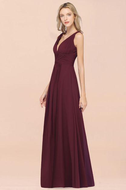 BMbridal Elegant V-Neck Burgundy Chiffon Affordable Bridesmaid Dress with Ruffle-BMbridal