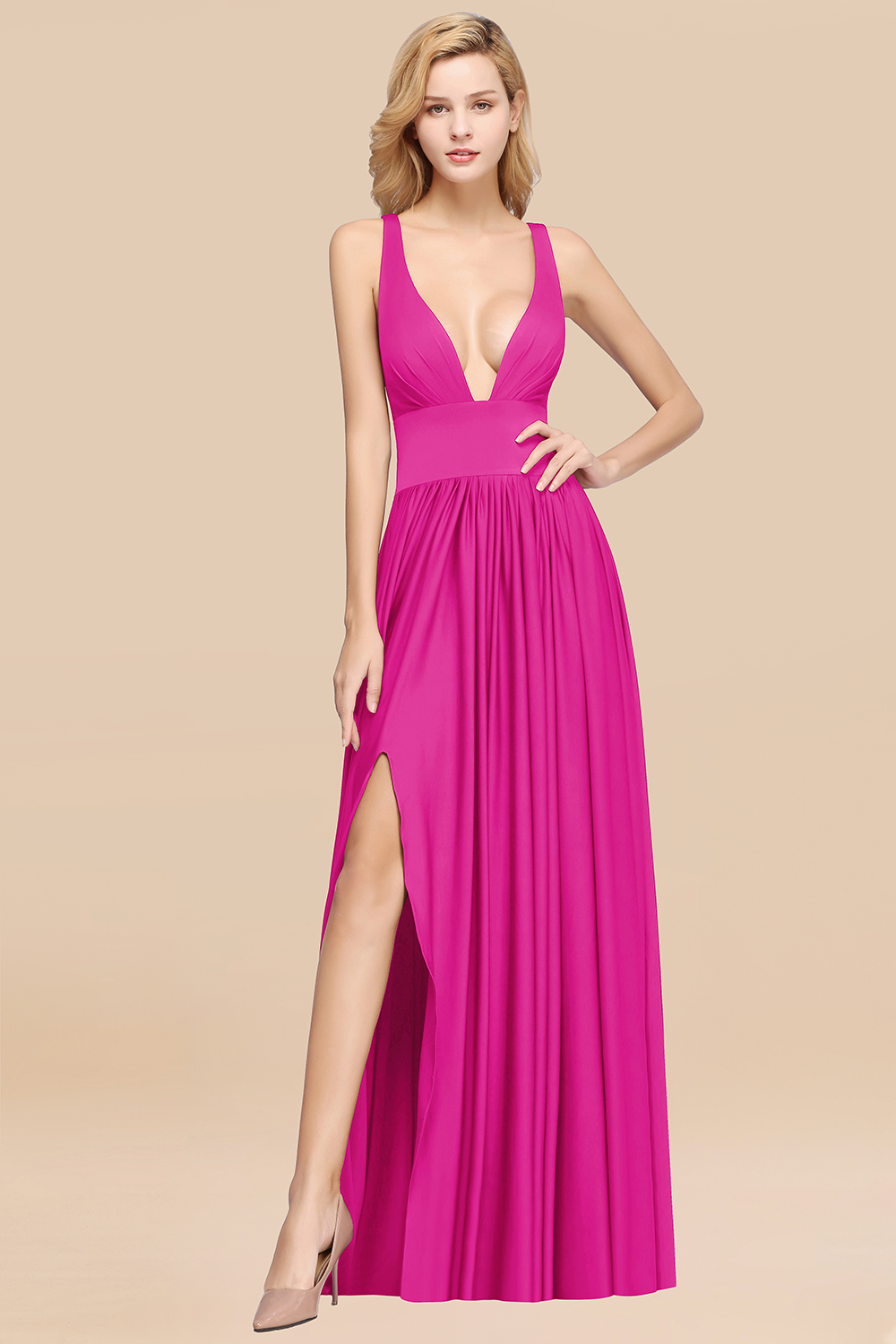 BMbridal Sexy Deep V-Neck Sleeveless Bridesmaid Dress Burgundy Chiffon Wedding Party Dress-BMbridal