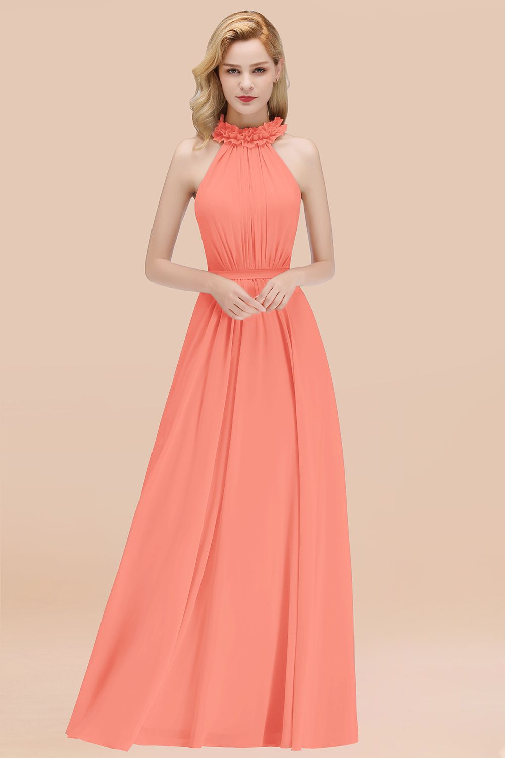 BMbridal Modest High-Neck Halter Ruffle Chiffon Bridesmaid Dresses Affordable-BMbridal
