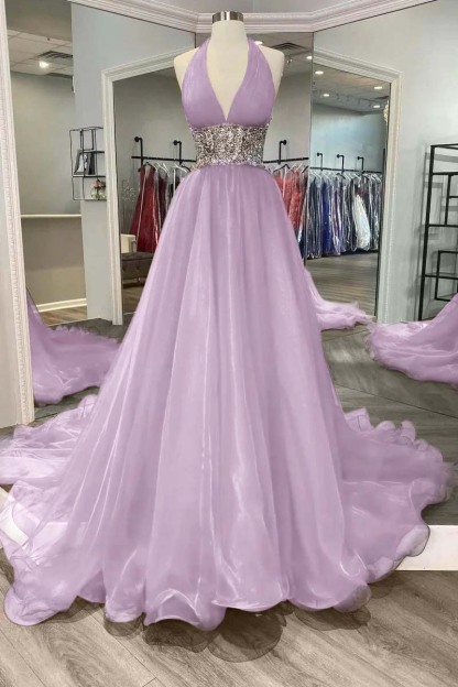 Halter Deep V Neck Sleeveless Long Prom Dress With Beading Ruffle