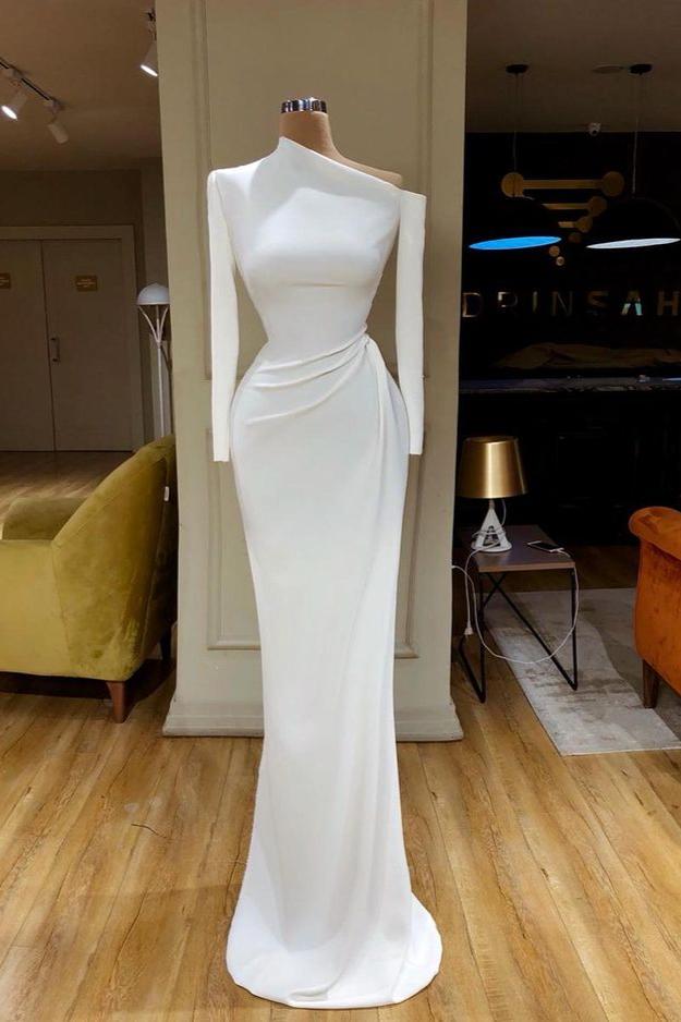 Charming White One Shoulder Mermaid Long Sleeves Prom Dress With Pleated