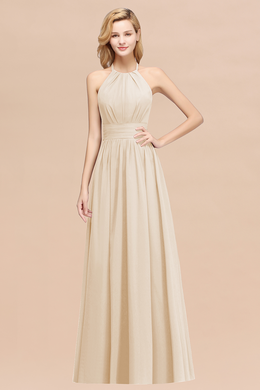 BMbridal Elegant High-Neck Halter Long Affordable Bridesmaid Dresses with Ruffles-BMbridal
