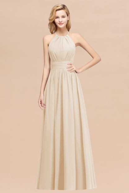 BMbridal Elegant High-Neck Halter Long Affordable Bridesmaid Dresses with Ruffles-BMbridal