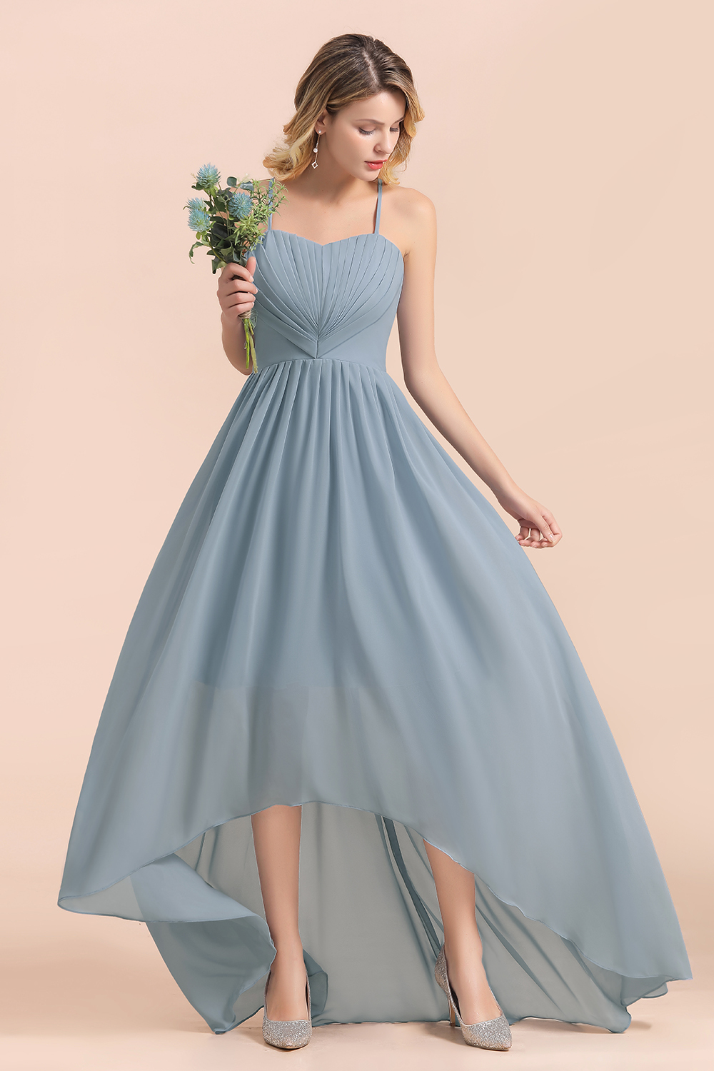 BMbridal Gorgeous Hi-Lo Heart-Shaped Ruffle Bridesmaid Dress with Spaghetti Straps-BMbridal