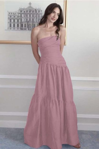 Strapless Sleeveless A Line Long Prom Dress With Pleated Pockets
