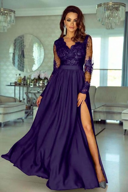 Charming V Neck Long Sleeves Lace A Line Long Prom Dress With Side Split