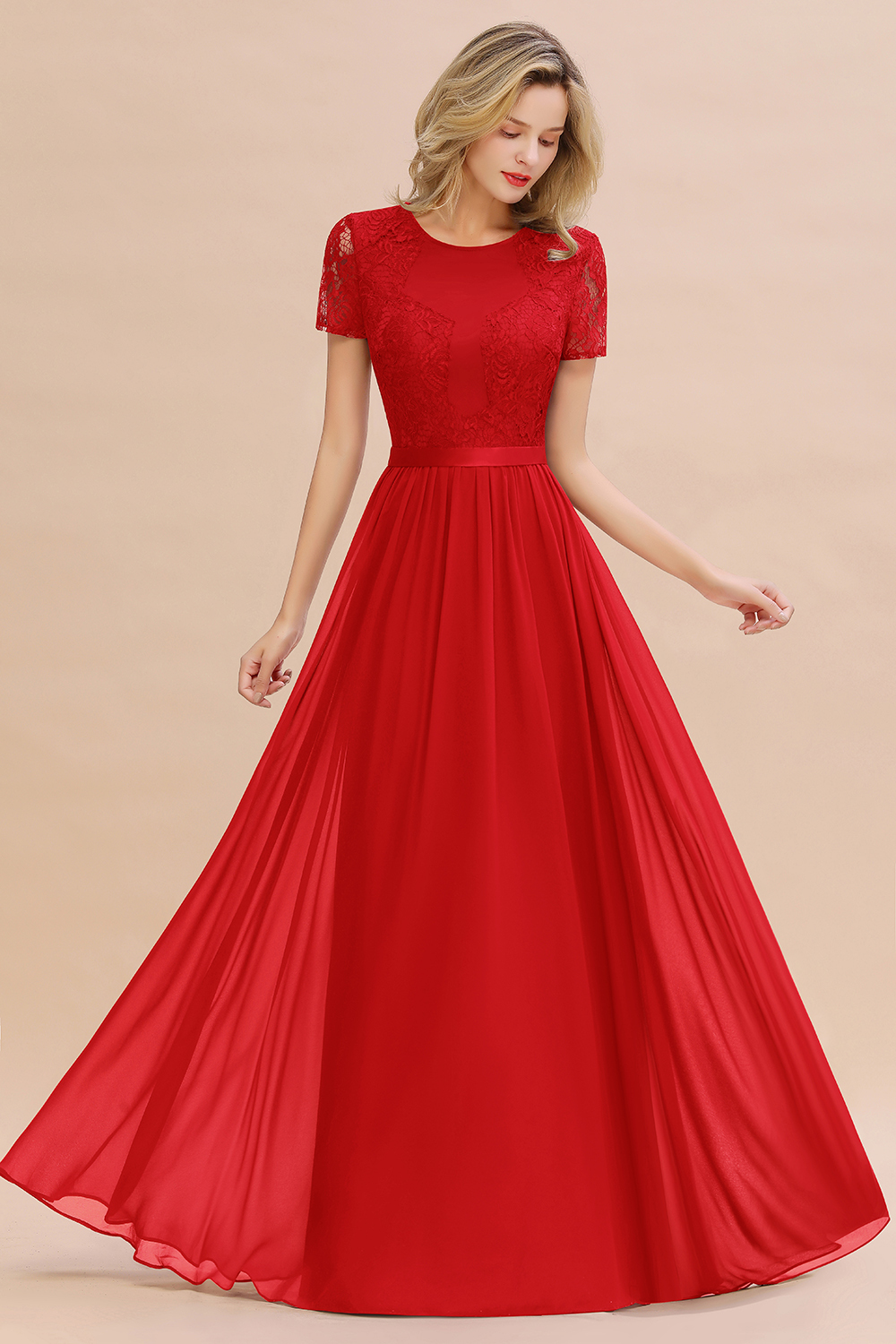 BMbridal Elegant Chiffon Lace Jewel Short-Sleeves Affordable Bridesmaid Dress-BMbridal