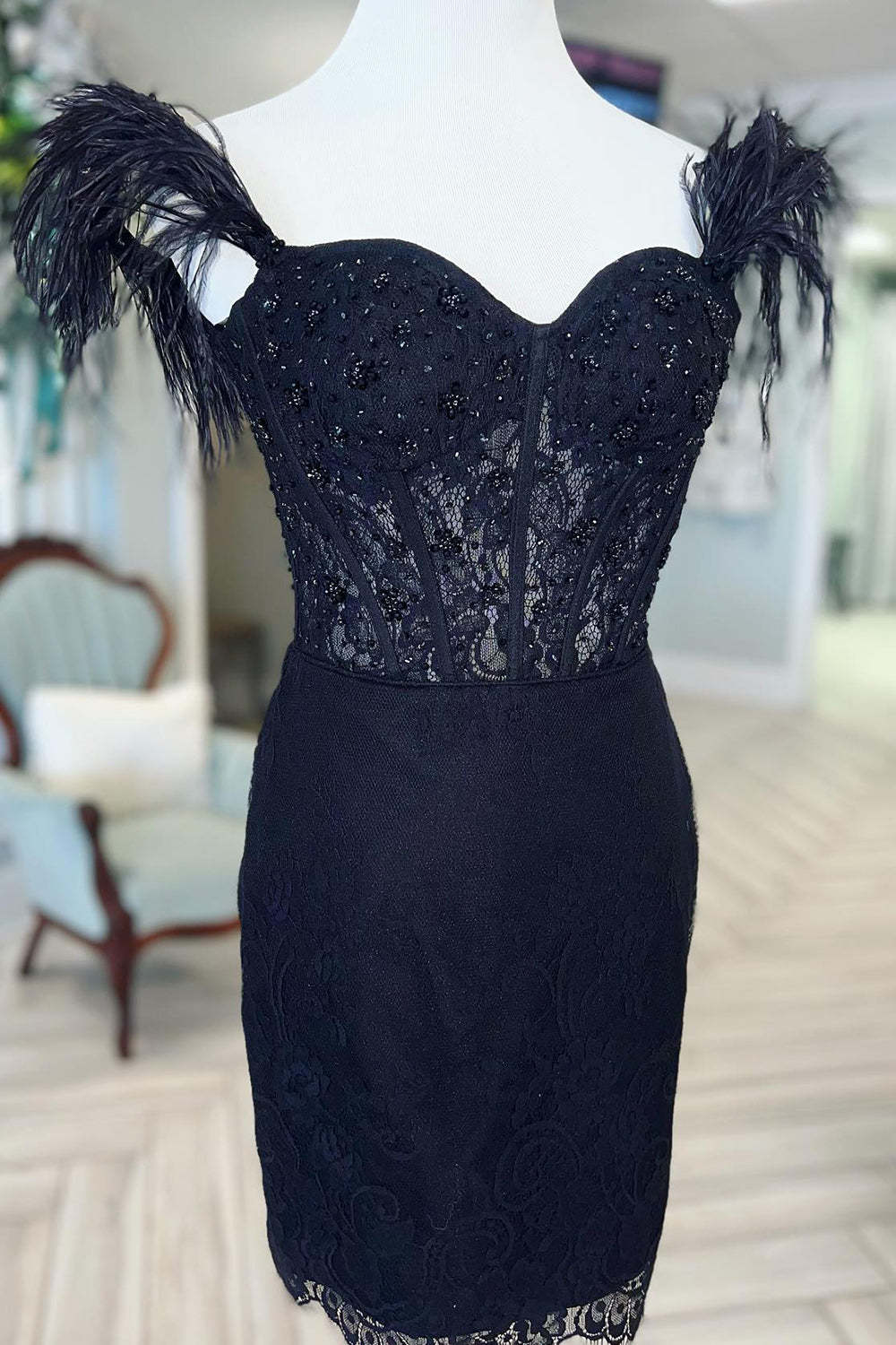 Sparkly Black Off The Shoulder Corset Tight Short Homecoming Dress with Feathers