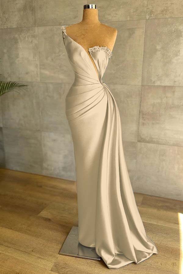 One Shoulder Sleeveless Mermaid Split Long Prom Dress With Beading