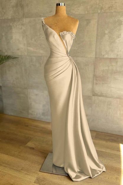 One Shoulder Sleeveless Mermaid Split Long Prom Dress With Beading