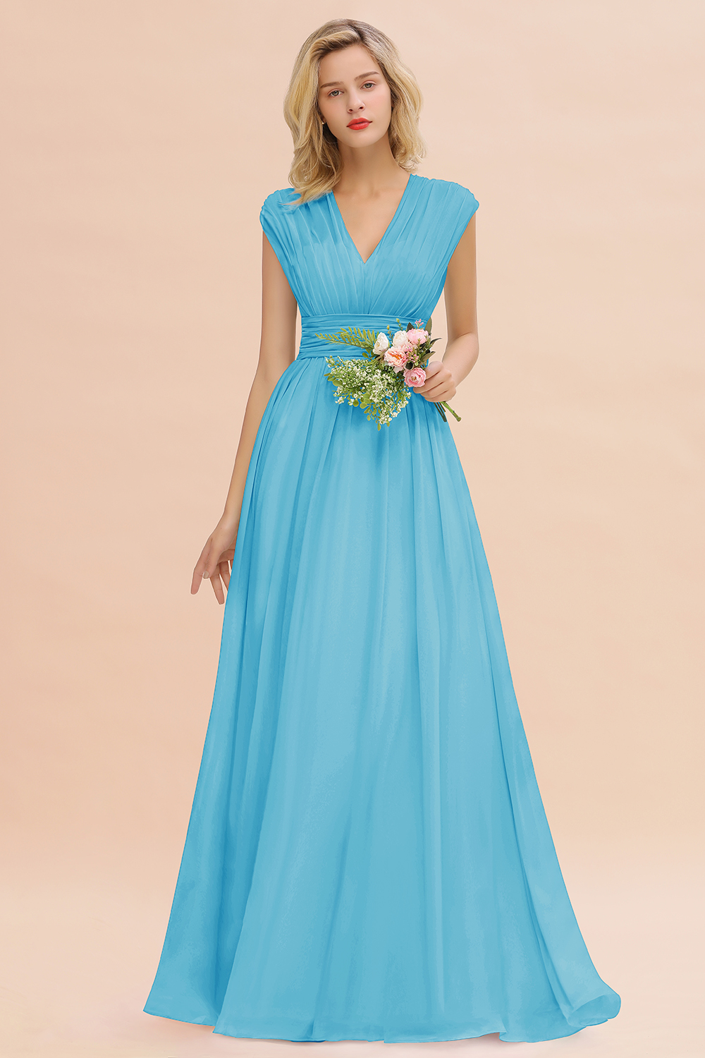 BMbridal Elegant Chiffon V-Neck Ruffle Long Bridesmaid Dresses Affordable-BMbridal
