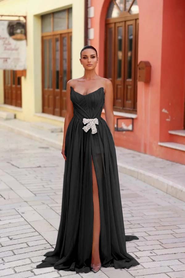 Strapless Sleeveless Long Split Prom Dress With Pleated Beading