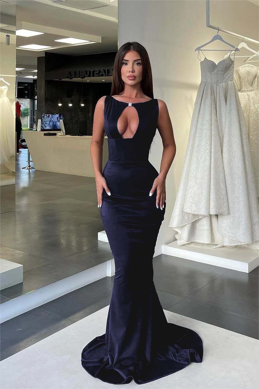 Jewel Neck Sleeveless High Waist Mermaid Prom Dress With Pleated