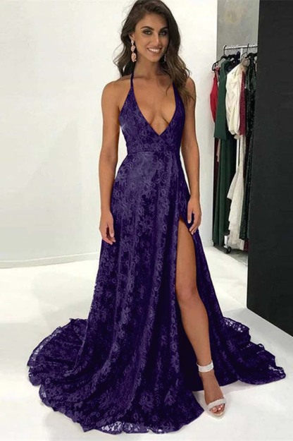 Burgundy Modern Halter Deep V Neck Backless Long Lace Prom Dress With Split
