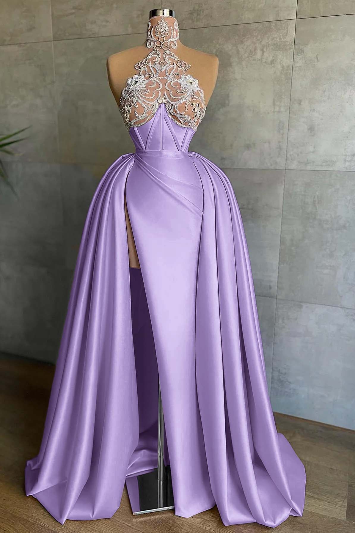 Halter Sleeveless Mermaid Split Long Prom Dress With Appliques