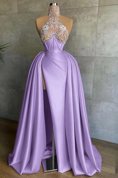 Halter Sleeveless Mermaid Split Long Prom Dress With Appliques