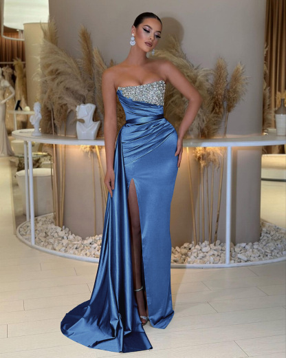 Charming Strapless Sleeveless Beading Sleeveless Split Prom Dress with Ruffles