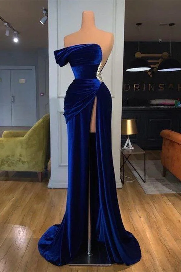 Royal Blue Velvet Sleeveless Strapless Long Split Mermaid Prom Dress With Beading