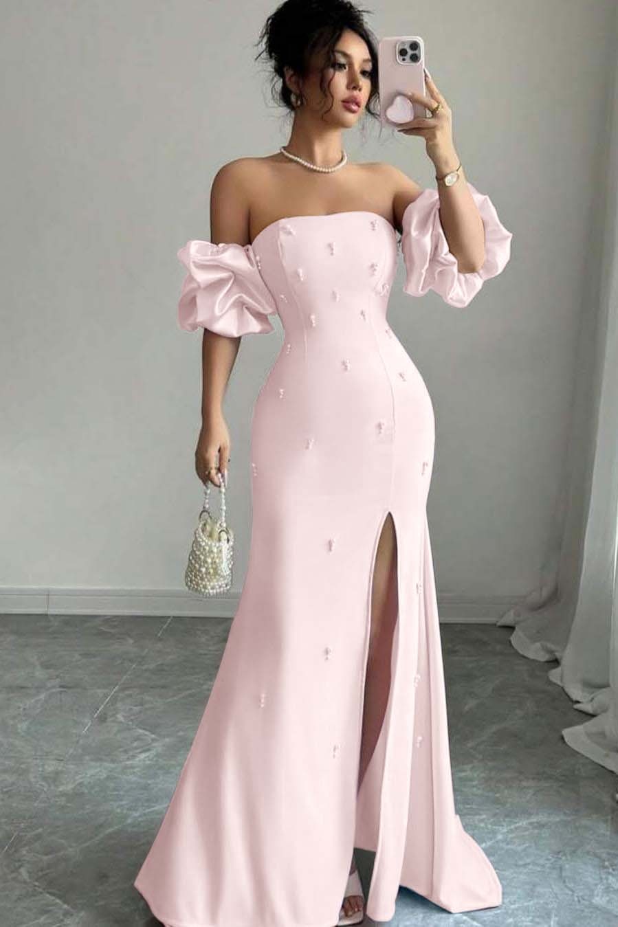 Strapless Bubble Sleeves Long Split Prom Dress With Beading