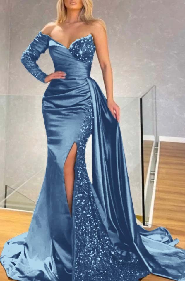 Long Sleeve Strapless Long Split Prom Dress With Pleated Sequins