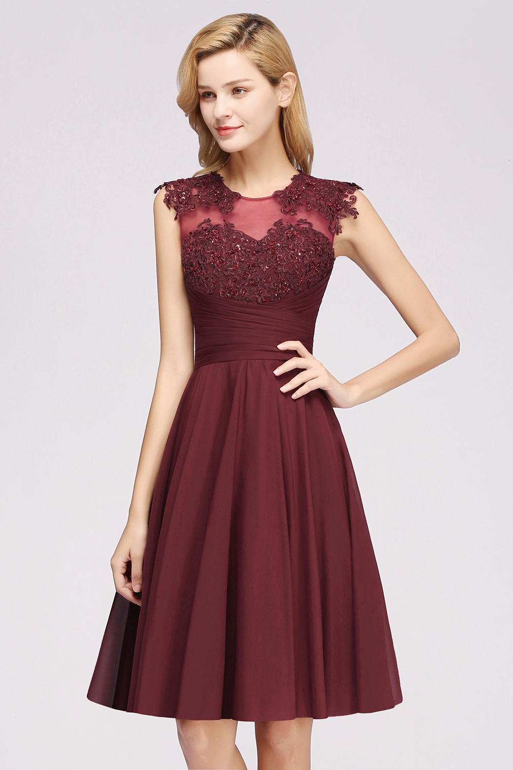 BMbridal Cute Chiffon Round Neck Short Burgundy Bridesmaid Dresses with Appliques-BMbridal
