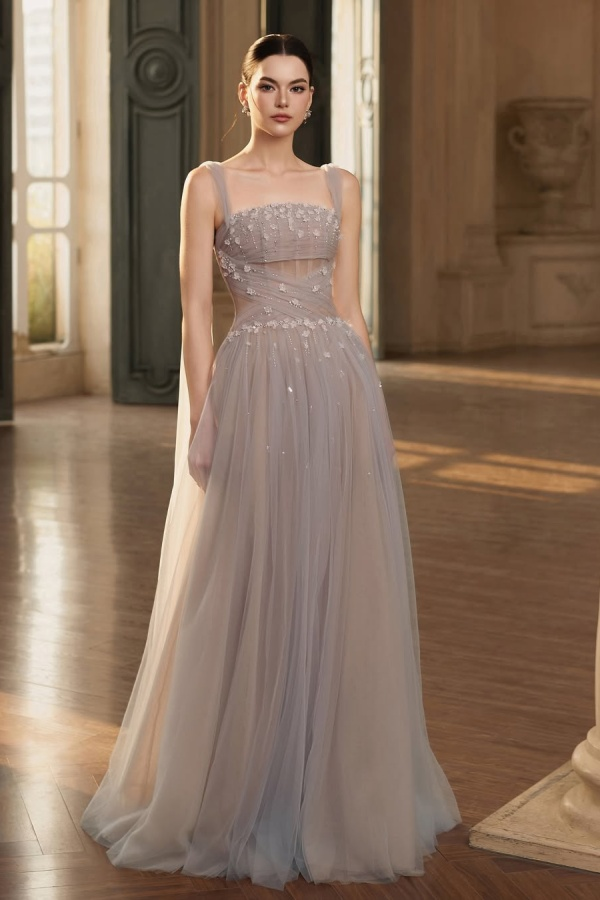 Stunning Tulle Straps Sleeveless Long Prom Dress With Beading