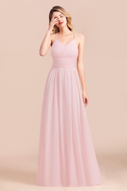BMbridal Gorgeous Spaghetti Straps Ruffle Pink Chiffon Bridesmaid Dress Affordable-BMbridal
