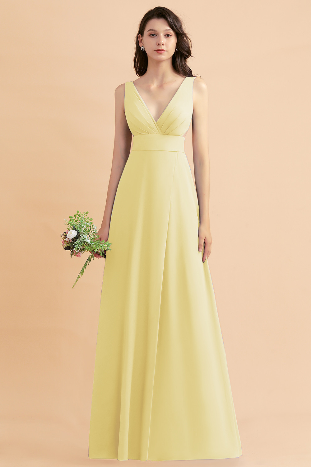 BMbridal A-Line Dusty Blue Chiffon Ruffles Bridesmaid Dress with Slit-BMbridal