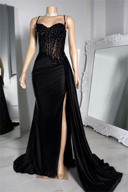 Exquisite Black Spaghetti Strap Sleeveless Pleated Long Split Prom Dress With Beading