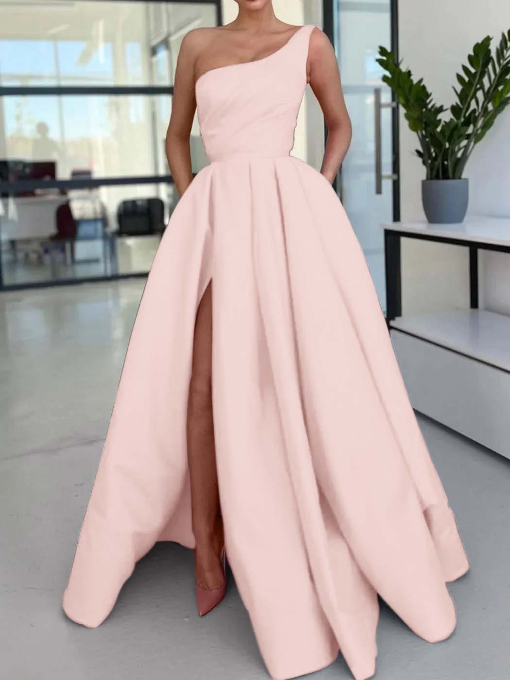 One Shoulder Sleeveless Long High Split Prom Dress With Pockets