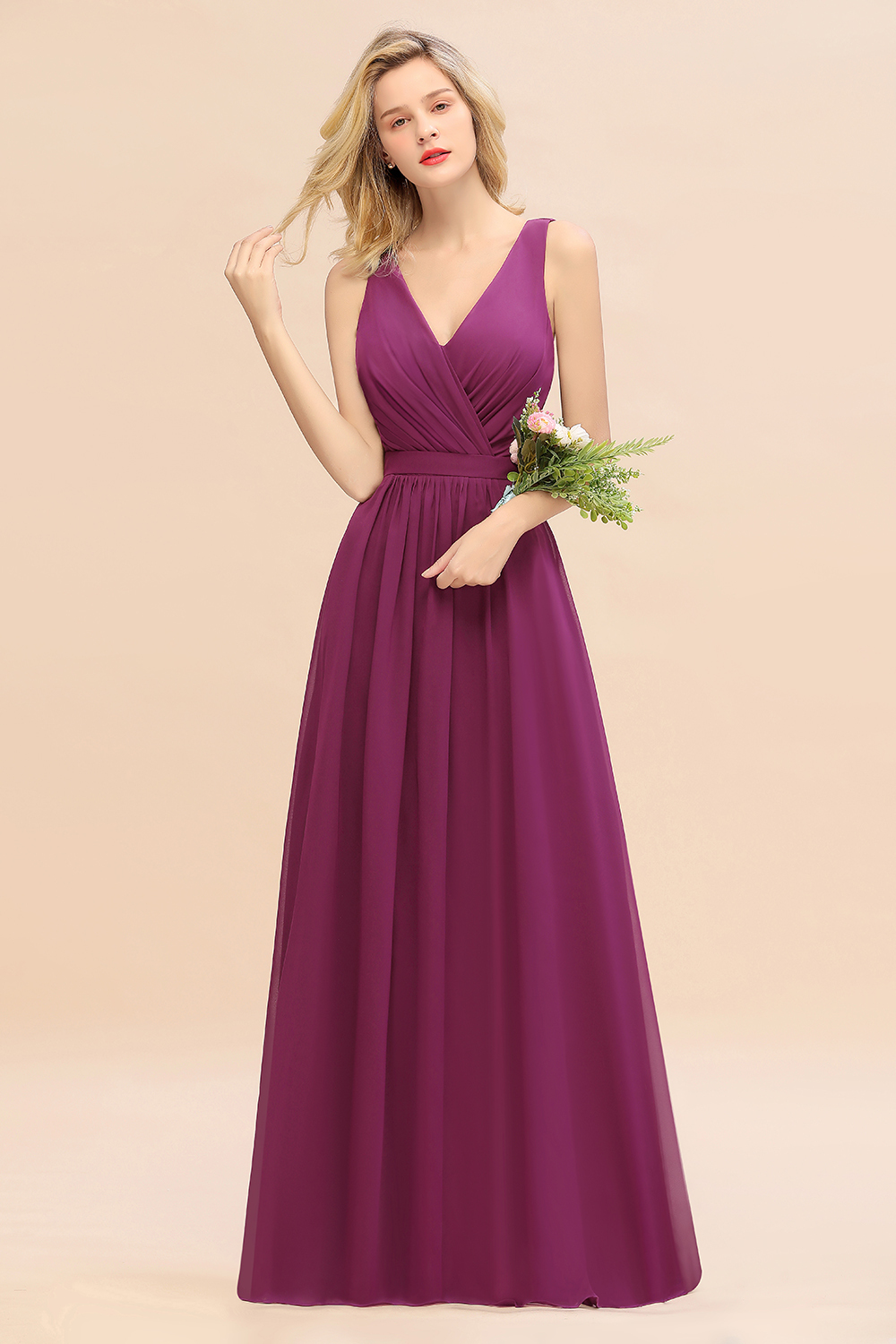 BMbridal Affordable V-Neck Ruffle Long Grape Chiffon Bridesmaid Dress with Bow-BMbridal