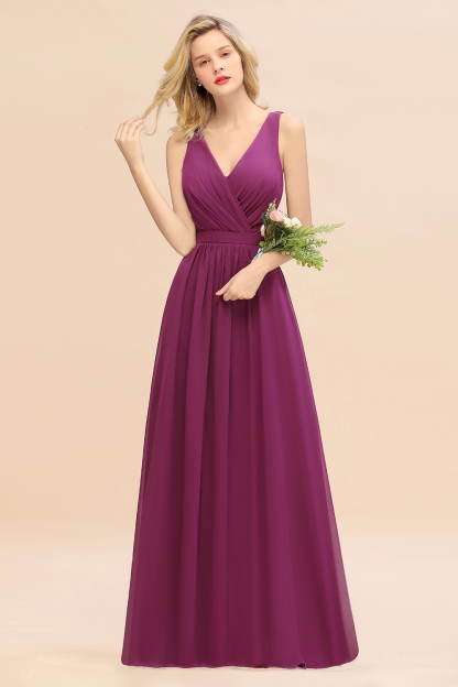 BMbridal Affordable V-Neck Ruffle Long Grape Chiffon Bridesmaid Dress with Bow-BMbridal