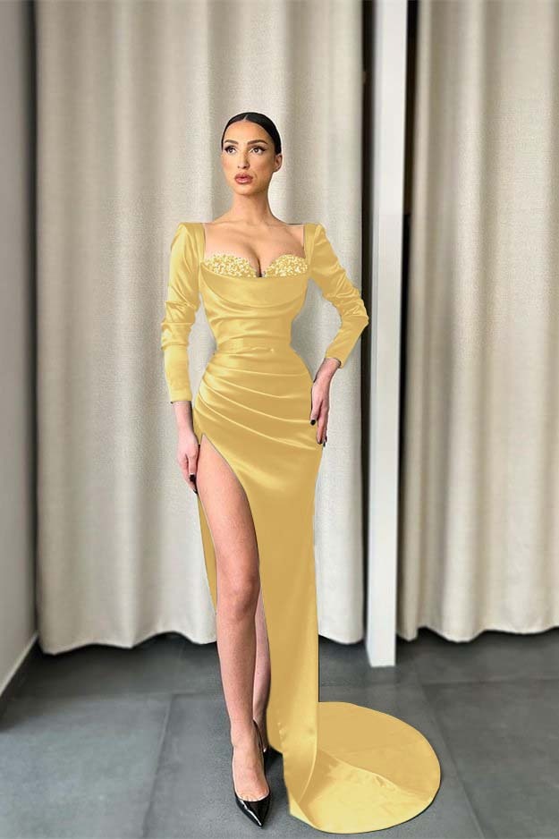 Long Sleeves Dark Green Sweetheart Split Prom Dress With Sequins