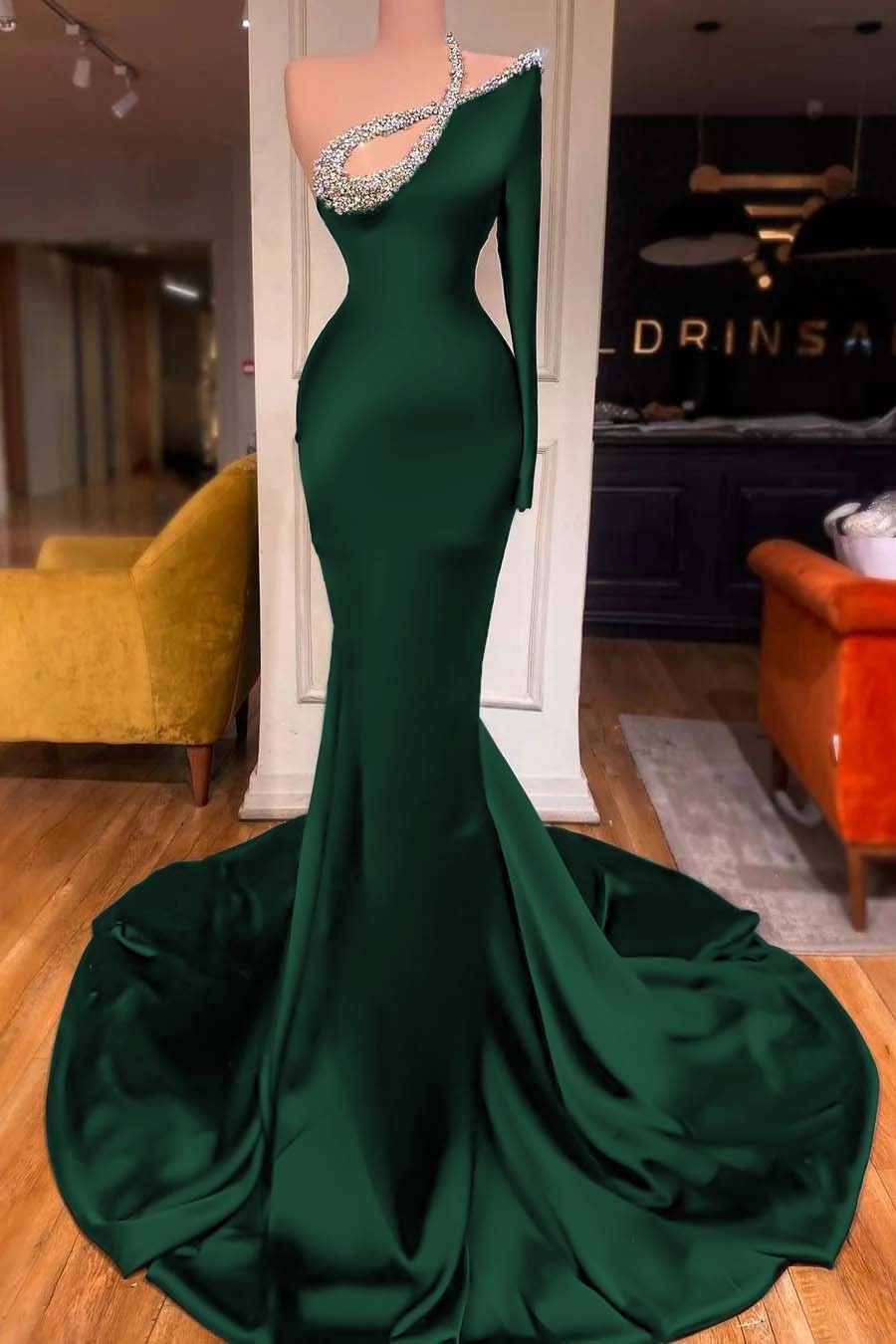 One Shoulder Long Sleeve Mermaid Long Prom Dress With Beading