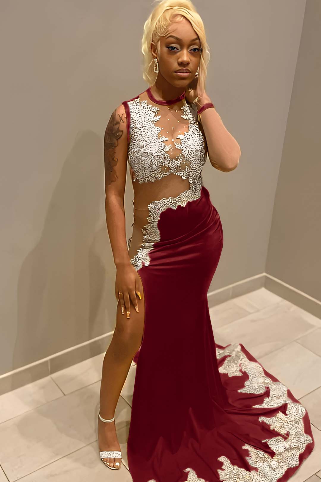 Sleeveless Jewel Neck Long Mermaid Prom Dress With Split Appliques