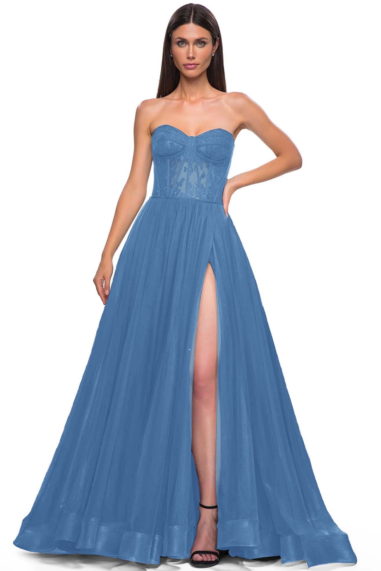 Strapless Sleeveless Long High Split Prom Dress With Appliques