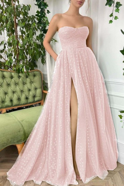 Tulle Sleeveless Strapless Long Split Prom Dress With Pleated