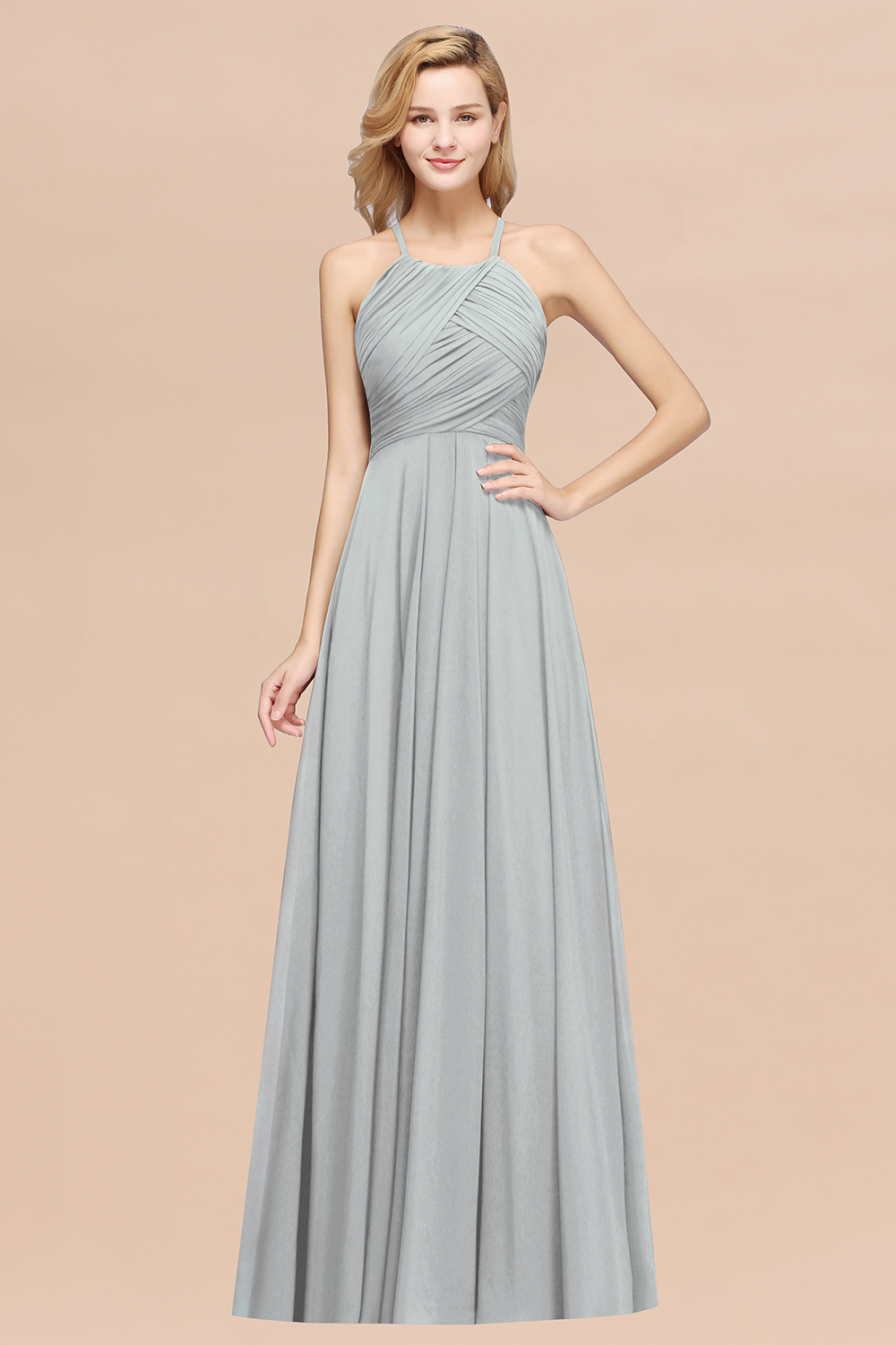 BMbridal Halter Crisscross Pleated Bridesmaid Dress Blue Chiffon Sleeveless Maid of Honor Dress-BMbridal