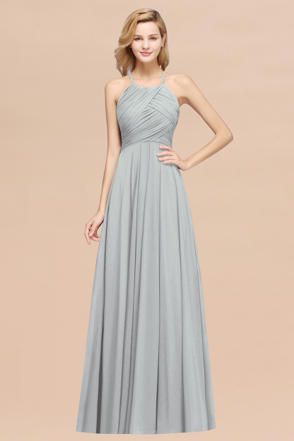 BMbridal Halter Crisscross Pleated Bridesmaid Dress Blue Chiffon Sleeveless Maid of Honor Dress-BMbridal