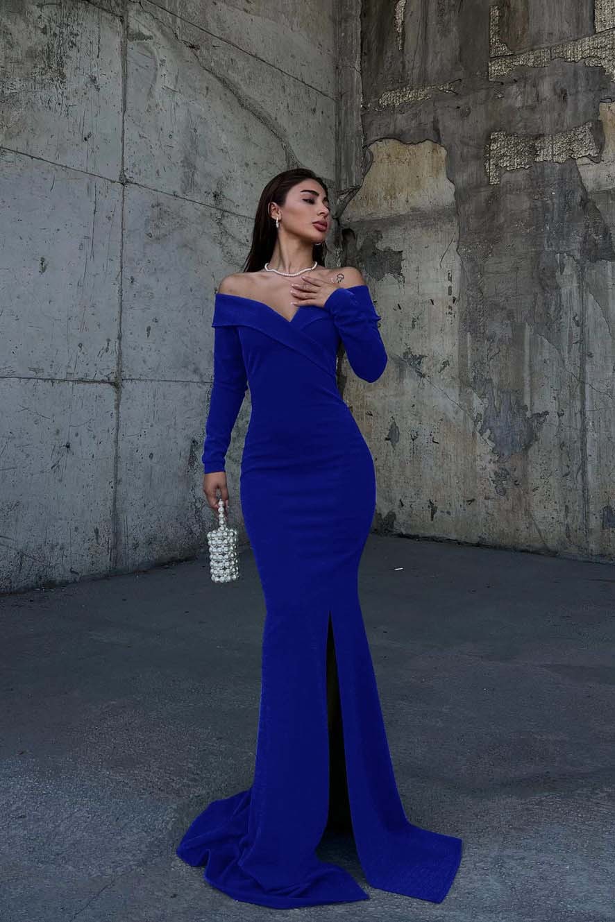 Off the Shoulder Long Sleeves Split Long Prom Dress With Pleated
