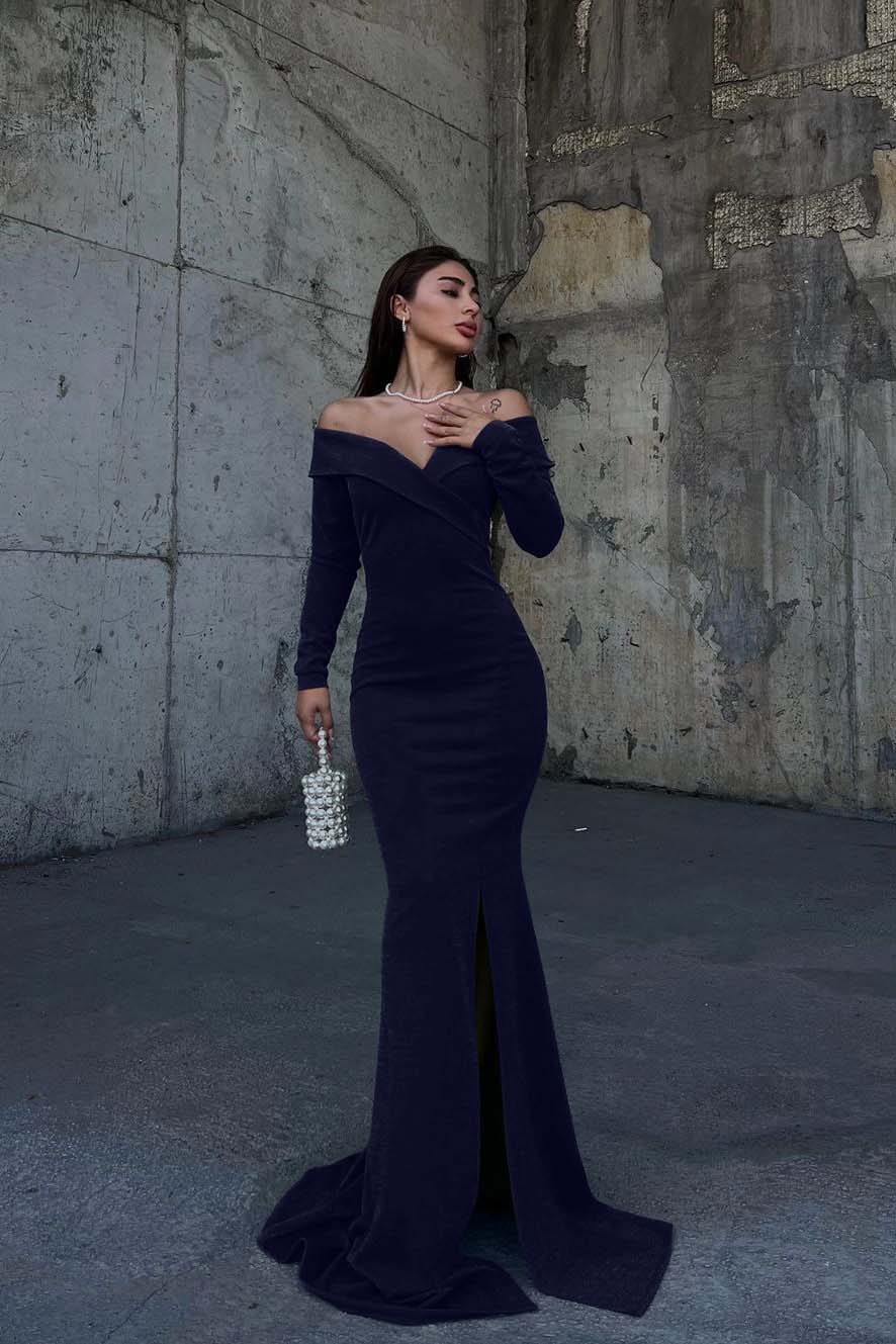 Off the Shoulder Long Sleeves Split Long Prom Dress With Pleated