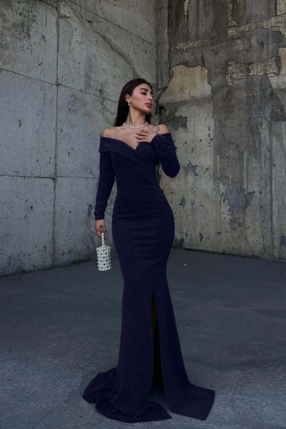 Off the Shoulder Long Sleeves Split Long Prom Dress With Pleated