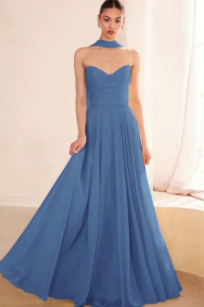 Chiffon Strapless Sleeveless Long A Line Prom Dress With Pleated