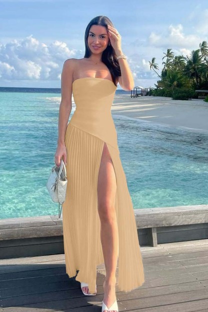 Strapless Sleeveless Long High Split Prom Dress With Ruffles